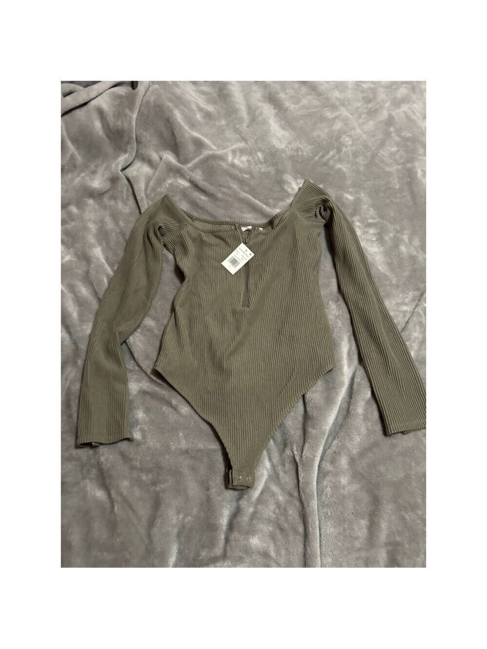 Women's GOOD AMERICAN Olive Green Ribbed Half Zip Bodysuit Size 3